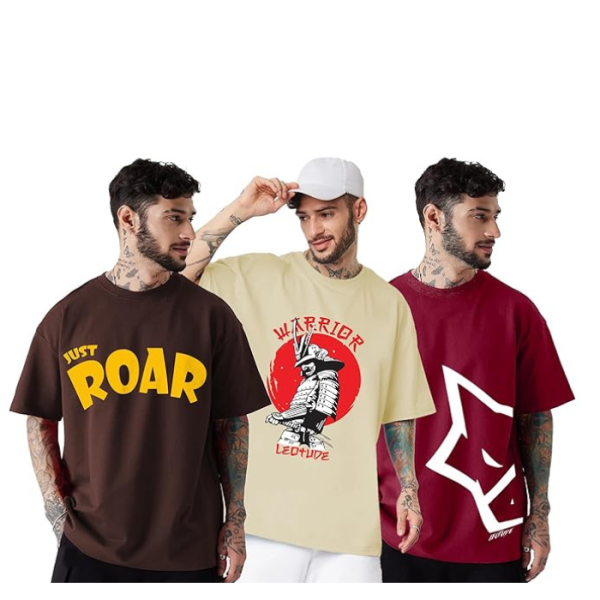 LEOTUDE Men's Cotton Regular Fit Half Sleeve Oversized Tshirt, Round Neck Longline Drop Shoulder | ful Printed Combo T-Shirt (Pack of 3)