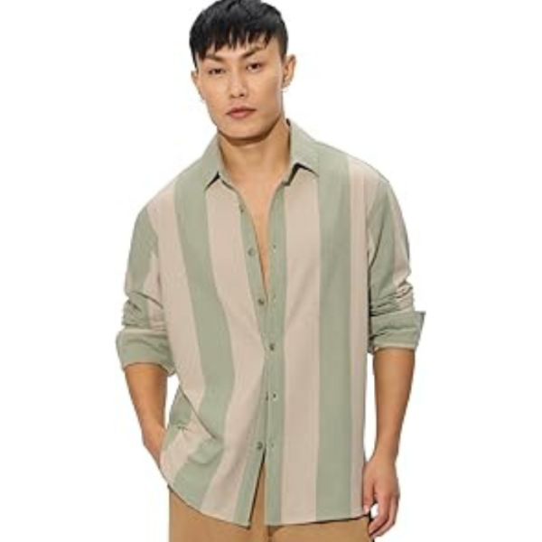 The Souled Store Stripes: Sage Men and Boys Long Sleeves Collared Neck Button Front Regular Fit Cotton Blend Shirts