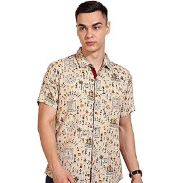 Yash Gallery Men's Cotton Warli Print Shirt Collar Regular Shirt