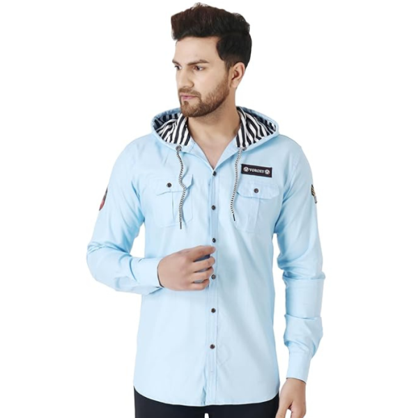 Besix Men's Tailored Fit Cotton Blend Shirt for Man with Hoodie - Casual Long Sleeve Shirt with Pockets - Patch Detail for Stylish Look, Classic, Stylish, Comfortable, Summer Shirt