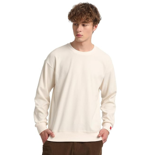 THE BEAR HOUSE Men Cream Solid Relaxed Fit Sweatshirt