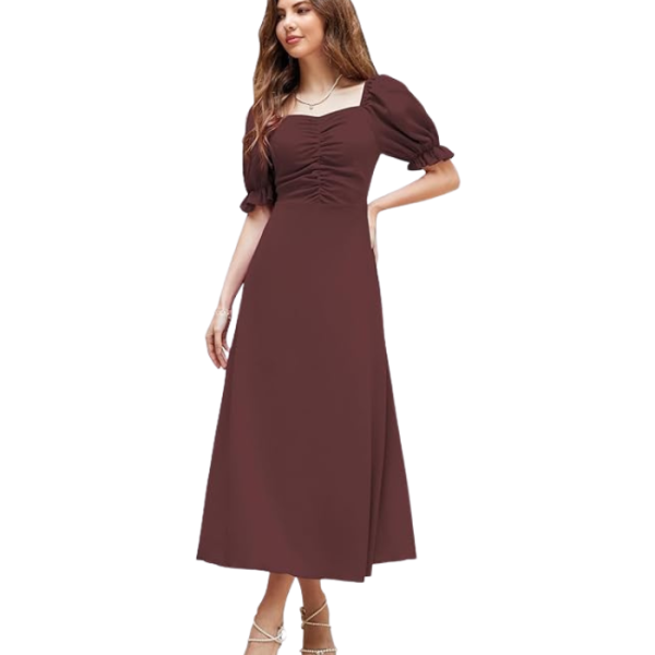 Shasmi Girl's & Women's Solid A-Line Ruched Puff Sleeve Maxi Long Evening One Piece Long Dress for Women Stylish (Dress 131)