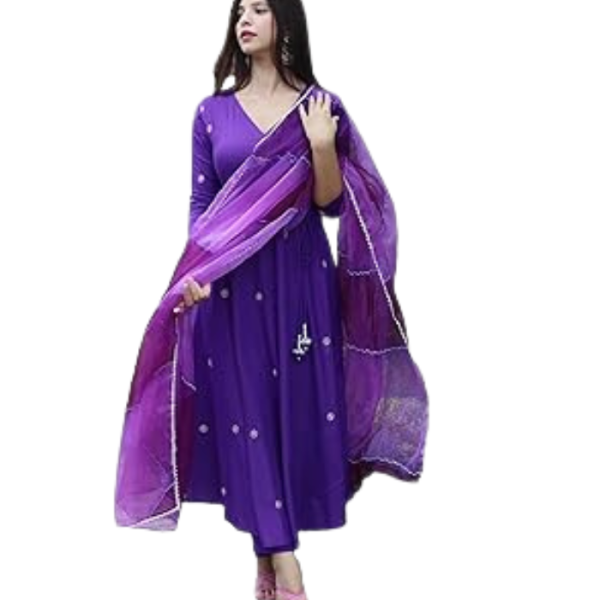GoSriKi Women's Cotton Blend Anarkali Embroidered Kurta with Pant & Dupatta