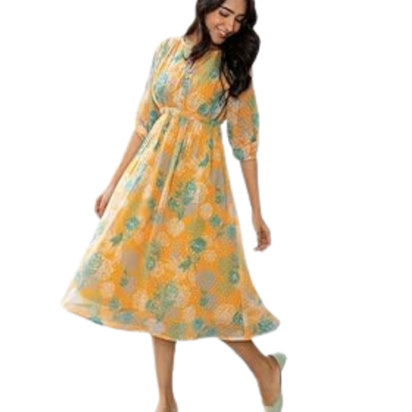 Janasya Women's Dobby Georgette Floral Printed Flared Midi Dress