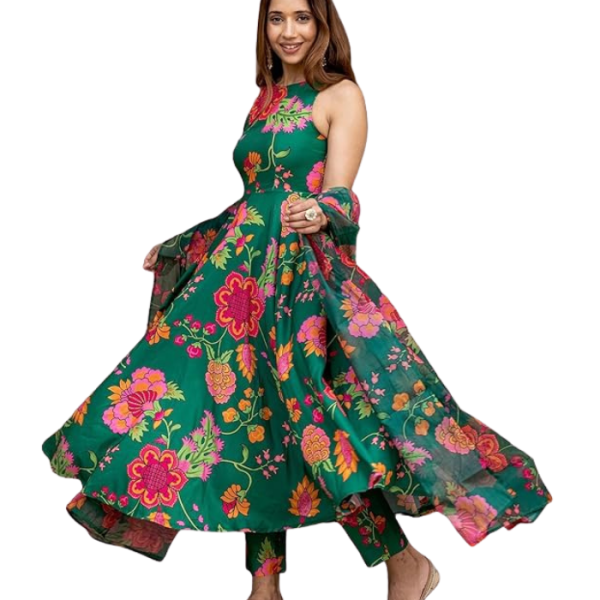 ANNI DESIGNER Women's Cotton Blend Anarkali Printed Kurta with Pant & Dupatta