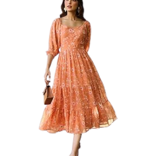 Janasya Women's Orange Georgette Floral Printed Tiered Dress