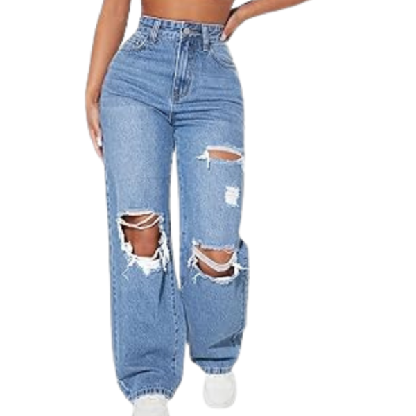 MULVARI Solid High Waist Ripped Straight Leg Pant & Trouser for Women's & Girl's