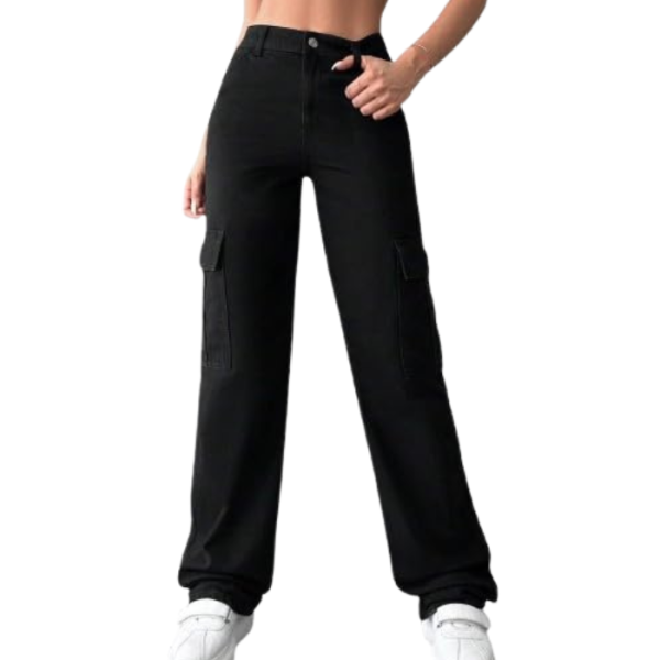 CHALODIA Women's High Waist Wide Leg Straight Fit Comfortable Stylish Black Cargo Denim Jeans