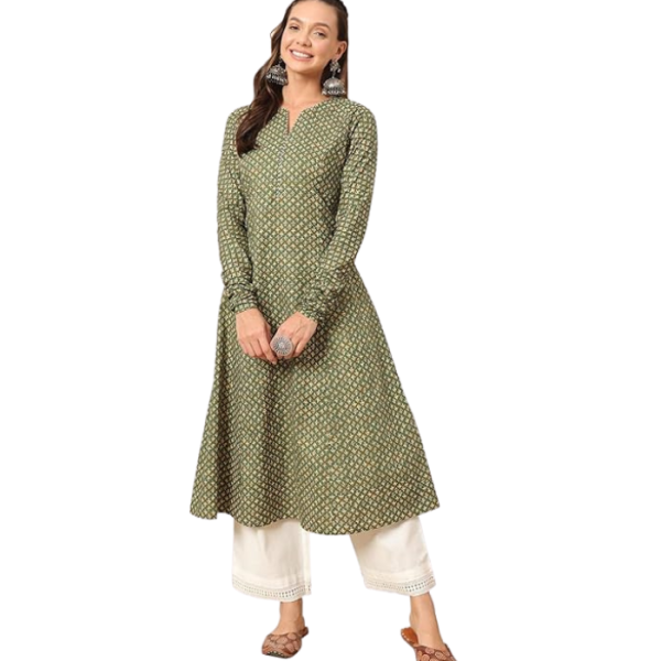 FIORRA Women's Floral Printed Navy Blue Cotton A-Line Kurta