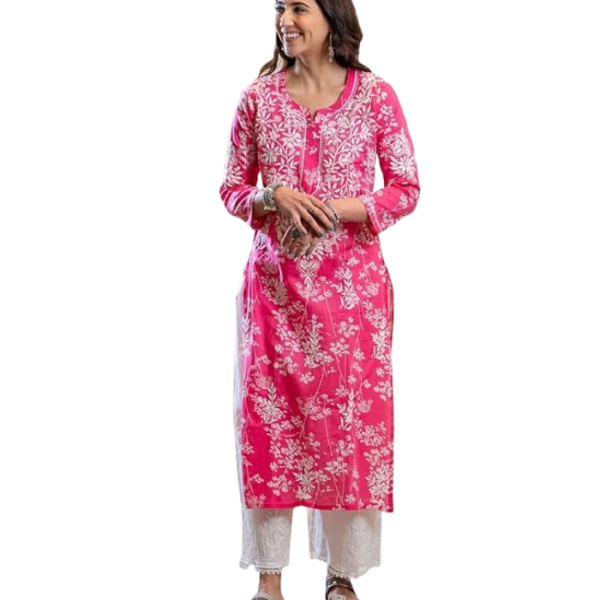 GoSriKi Women's Cotton Blend Chikankari Embroidered Straight Kurta Set
