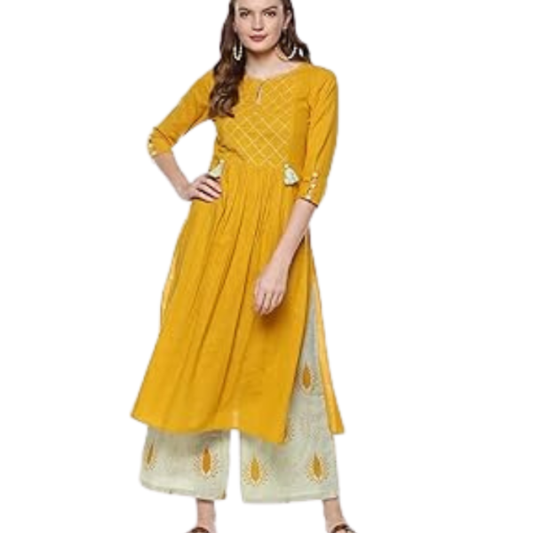 idaLia Ethnic Kurta Set for Women 3/4 Sleeve, Round Neck Cotton A-line Solid Kurta with Palazzo Pant Set