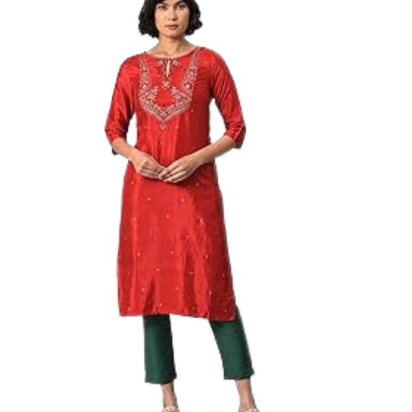 W for Women's Viscose Regular Fit Casual Regular Embroidered Shantung Kurta