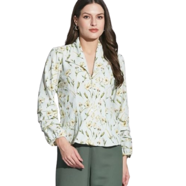 Latin Quarters Women Green Collar Neck 3/4th Sleeve Printed Shirt Blouse