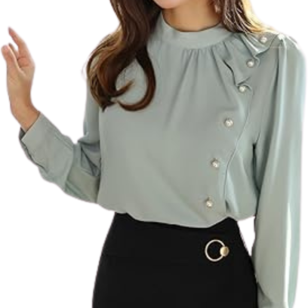 Jashudi Style Women's Long Sleeve Blouse with Pearl Buttons and Ruffle Detail