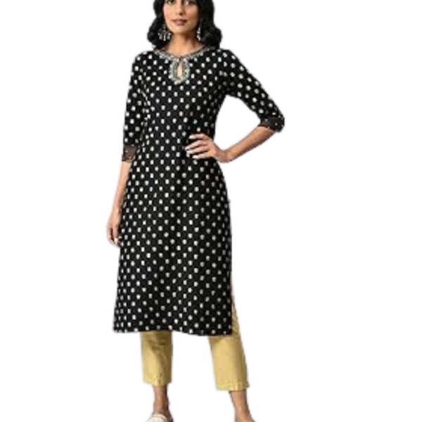 W for Woman Black Printed Rayon Straight Kurta with Embroidered Neck