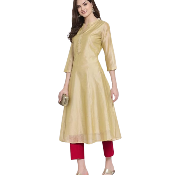 Rangavali Beige Gold & Rose Pink Embroidered Festive Anarkali Suit Set| Chanderi Readymade Outfit Kurti for Womens