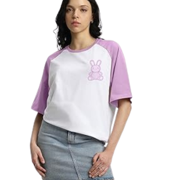 JUNEBERRY® 100% Pure Cotton Oversized Baggy Fit Drop Shoulder Round Neck Graphic Printed Raglan Sleeve T-Shirt for Women