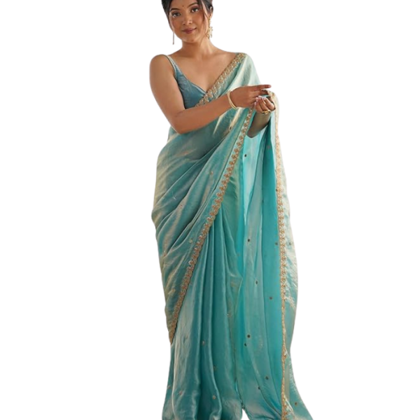 AKHILAM Women's Paper Silk Embroidered Saree With Unstitched Blouse Piece