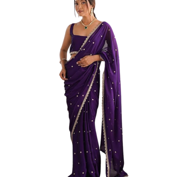 AKHILAM Women's Organza Solid Saree With Unstitched Blouse Piece