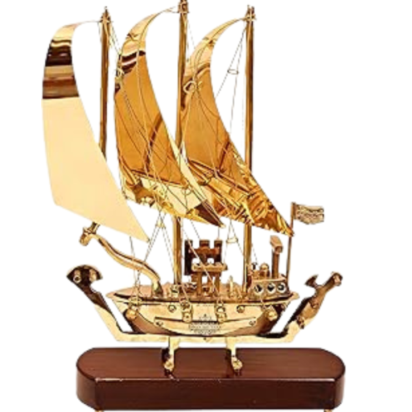 Brass Ship with Wooden Base